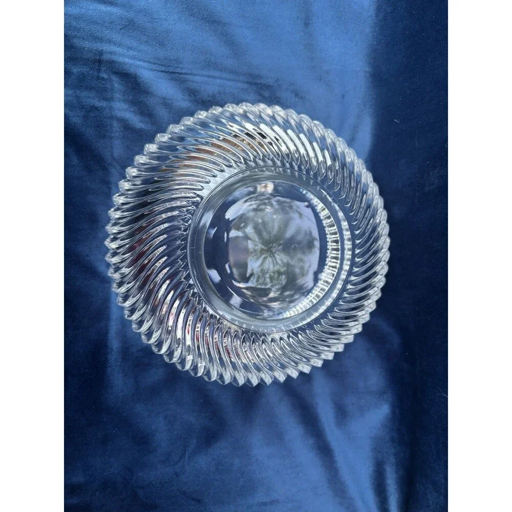 Vintage Clear Ribbed Swirl Glass Serving Bowl Heavy Crystal Style Centerpiece 9”